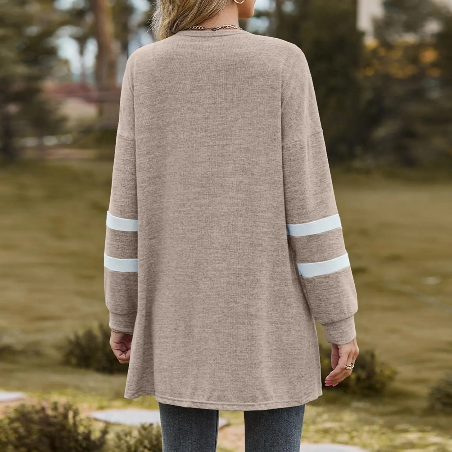 Womens Open Cardigan Sweaters Coat Comfy Lightweight Flannel Tunic Tops Fall Striped Long Sleeve Plus Size Sweatshirts