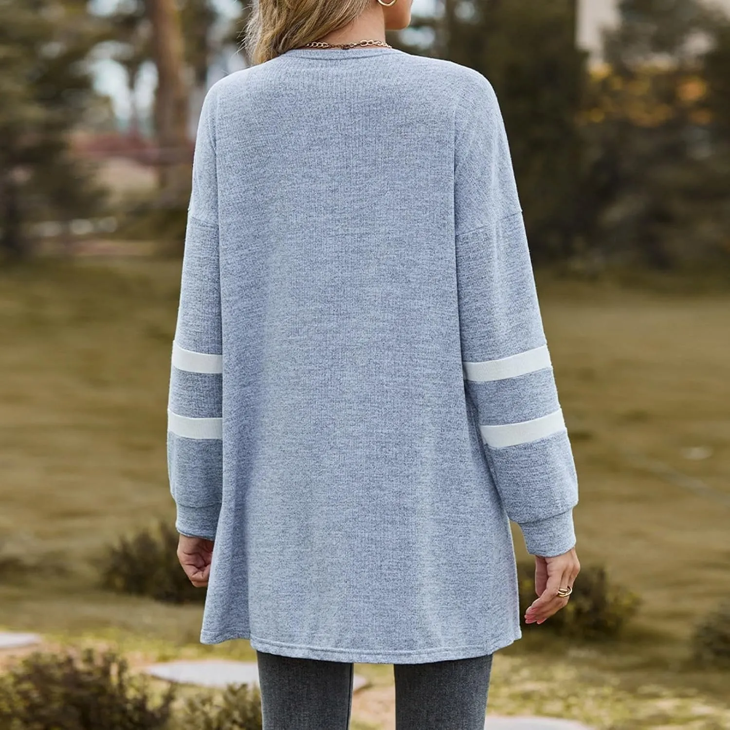 Womens Open Cardigan Sweaters Coat Comfy Lightweight Flannel Tunic Tops Fall Striped Long Sleeve Plus Size Sweatshirts
