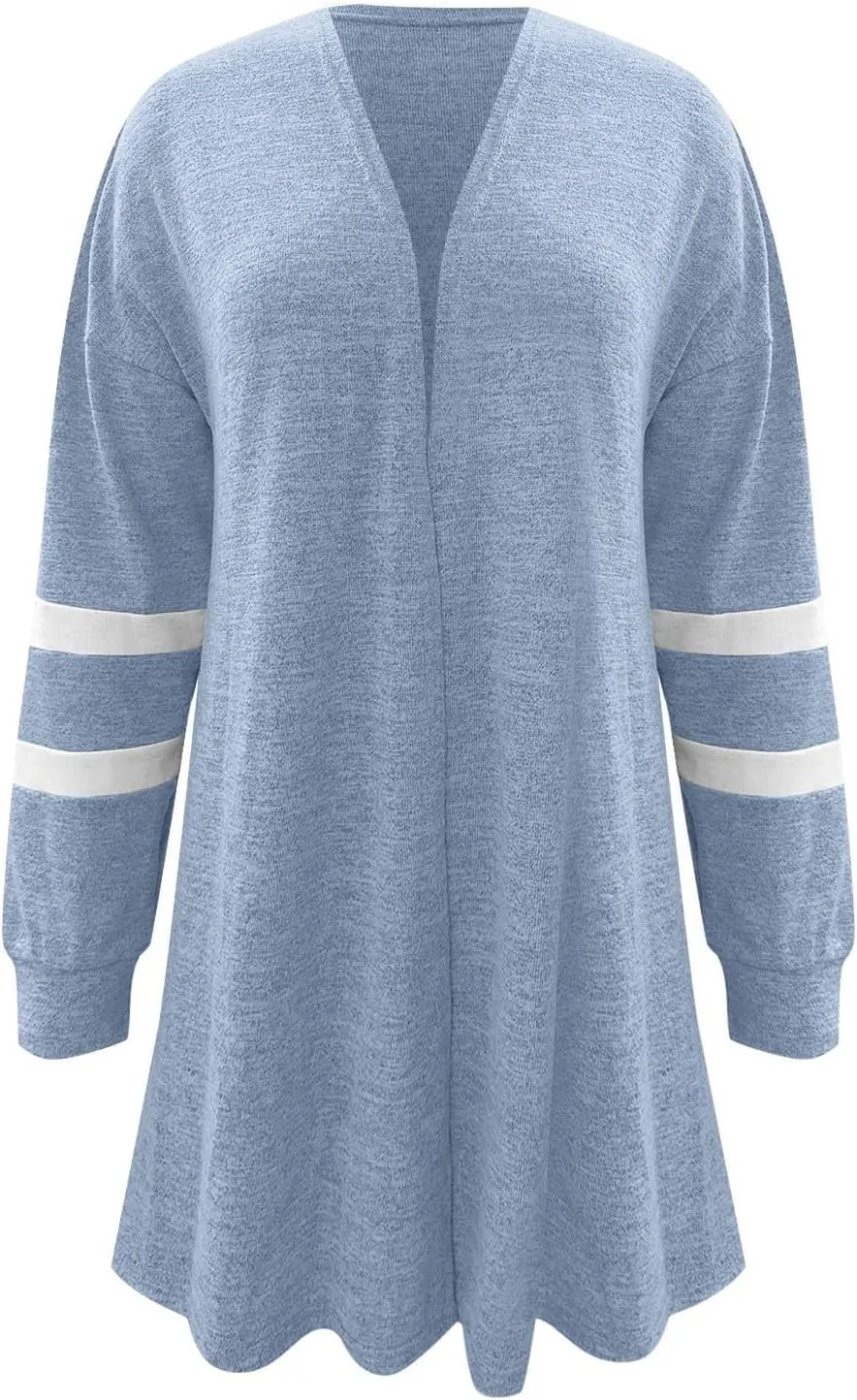 Womens Open Cardigan Sweaters Coat Comfy Lightweight Flannel Tunic Tops Fall Striped Long Sleeve Plus Size Sweatshirts
