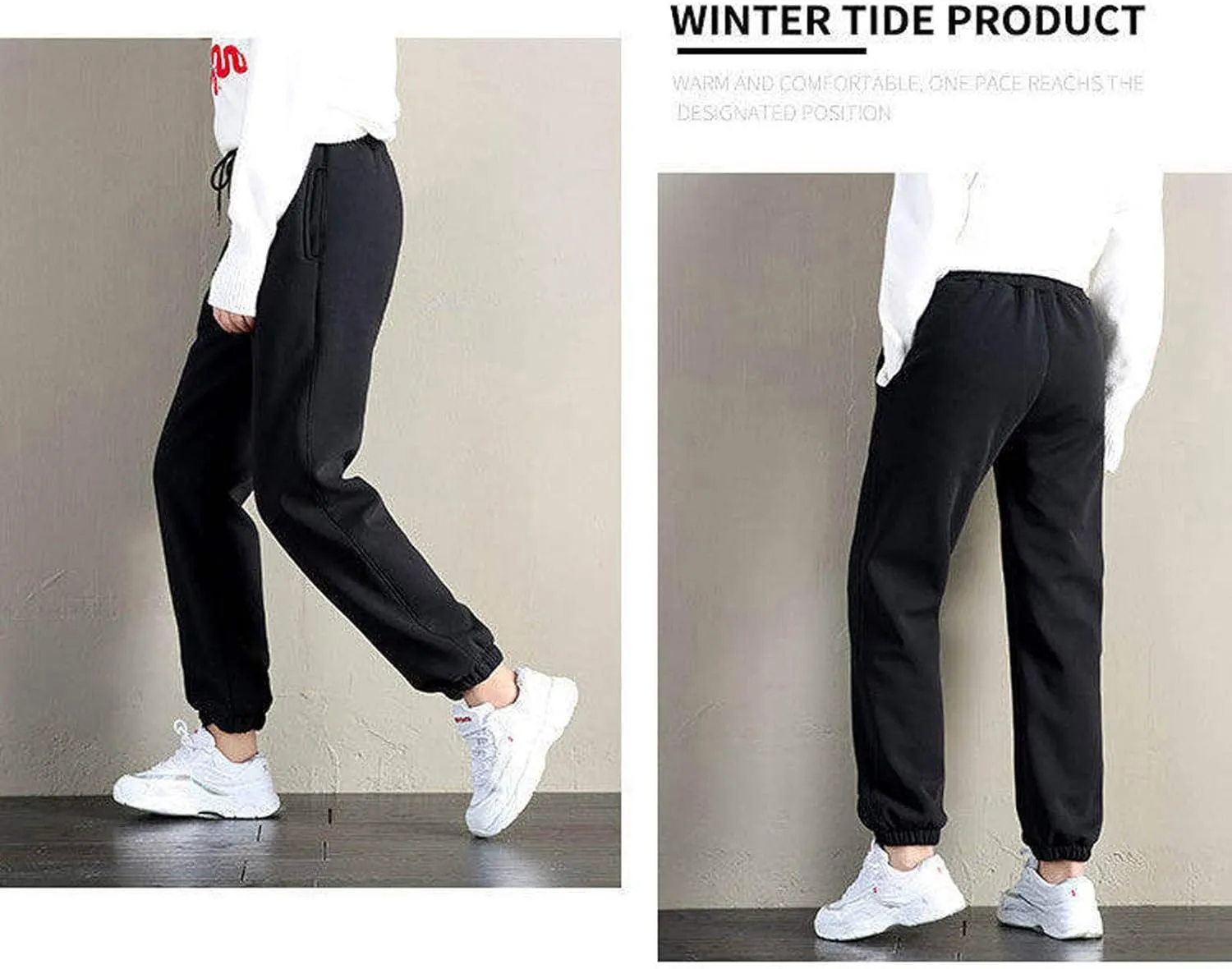 Women's Sherpa Lined Sweatpants Winter Warm Fleece Lined Jogger Pants with Pockets Solid High Waist Lounge Trousers