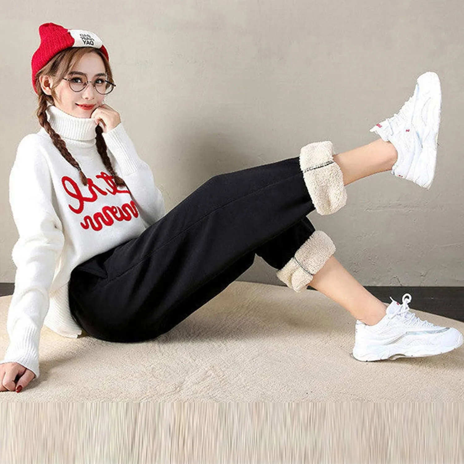 Women's Sherpa Lined Sweatpants Winter Warm Fleece Lined Jogger Pants with Pockets Solid High Waist Lounge Trousers