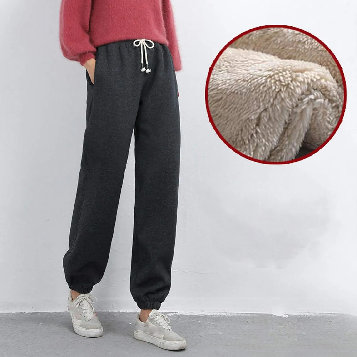 Women's Sherpa Lined Sweatpants Winter Warm Fleece Lined Jogger Pants with Pockets Solid High Waist Lounge Trousers
