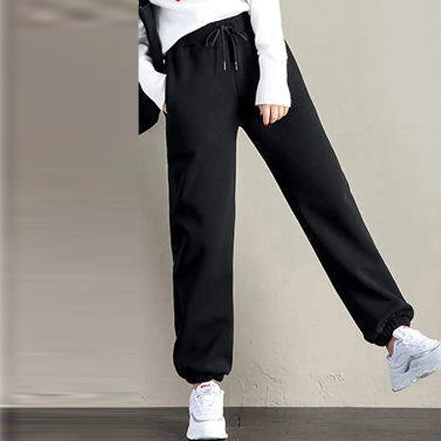 Women's Sherpa Lined Sweatpants Winter Warm Fleece Lined Jogger Pants with Pockets Solid High Waist Lounge Trousers