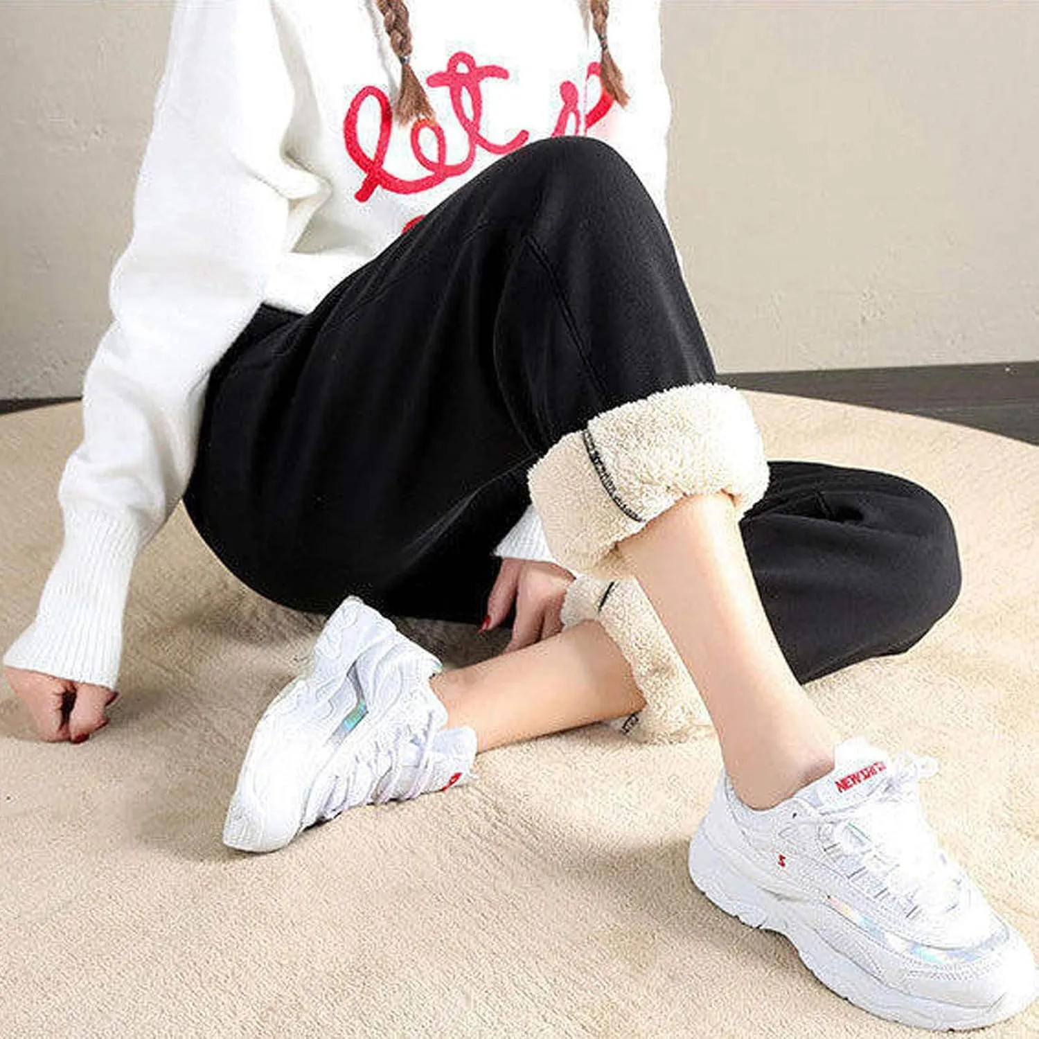 Women's Sherpa Lined Sweatpants Winter Warm Fleece Lined Jogger Pants with Pockets Solid High Waist Lounge Trousers