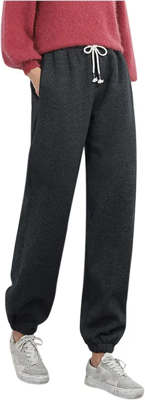 Women's Sherpa Lined Sweatpants Winter Warm Fleece Lined Jogger Pants with Pockets Solid High Waist Lounge Trousers