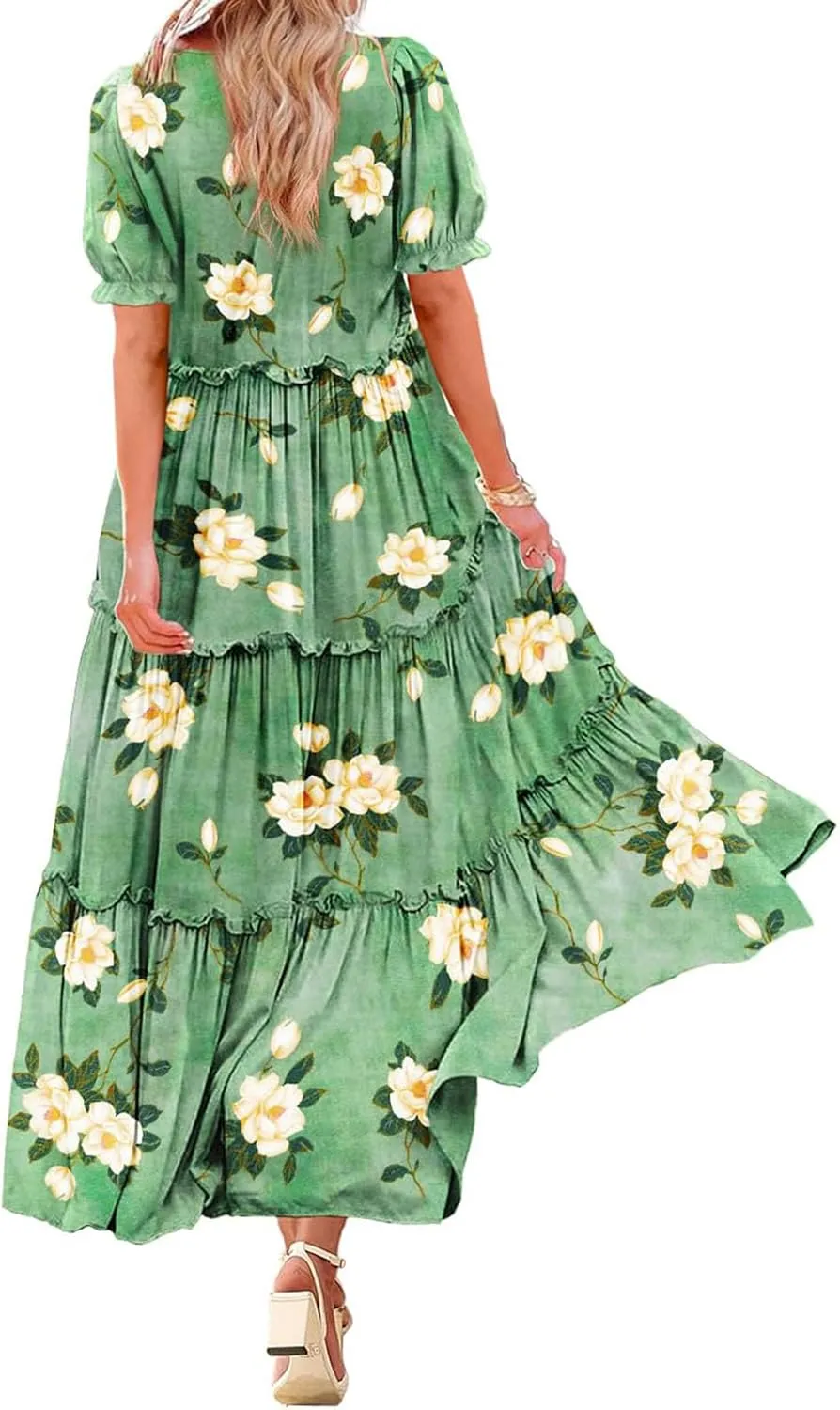 Womens Summer Floral Maxi Dress Casual Short Sleeve Flowy Boho Round Neck Flutter Flowy Dresses 2025