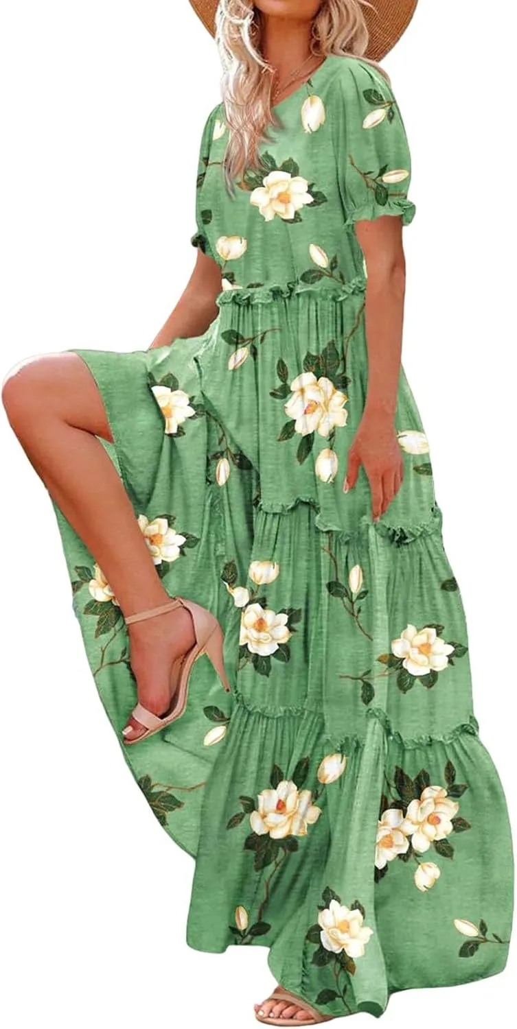 Womens Summer Floral Maxi Dress Casual Short Sleeve Flowy Boho Round Neck Flutter Flowy Dresses 2025