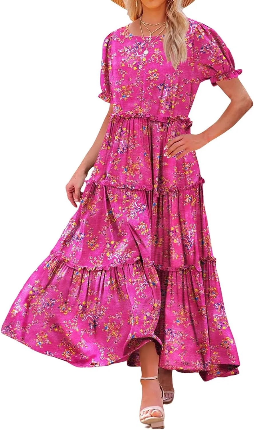 Womens Summer Floral Maxi Dress Casual Short Sleeve Flowy Boho Round Neck Flutter Flowy Dresses 2025