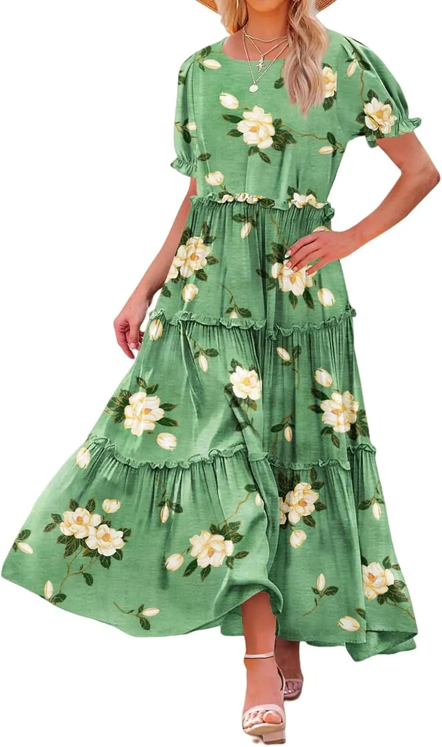 Womens Summer Floral Maxi Dress Casual Short Sleeve Flowy Boho Round Neck Flutter Flowy Dresses 2025