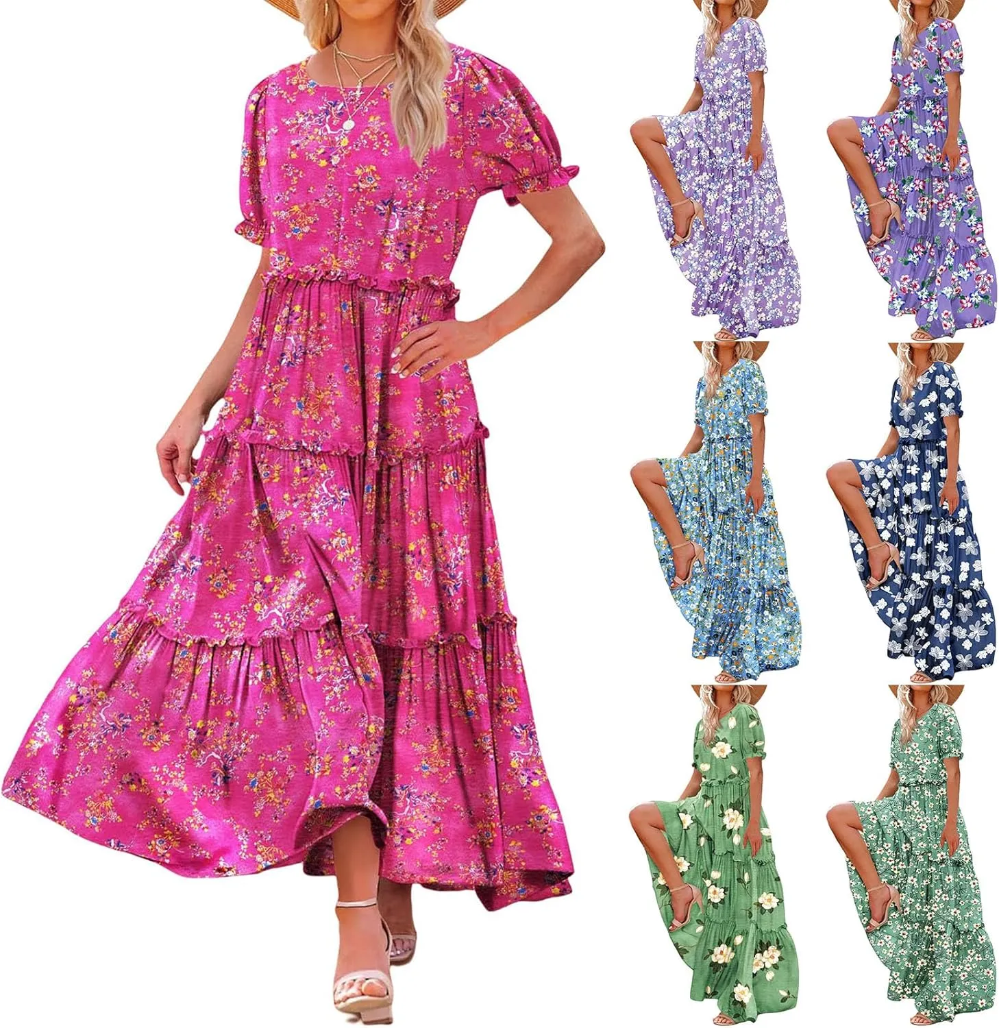 Womens Summer Floral Maxi Dress Casual Short Sleeve Flowy Boho Round Neck Flutter Flowy Dresses 2025