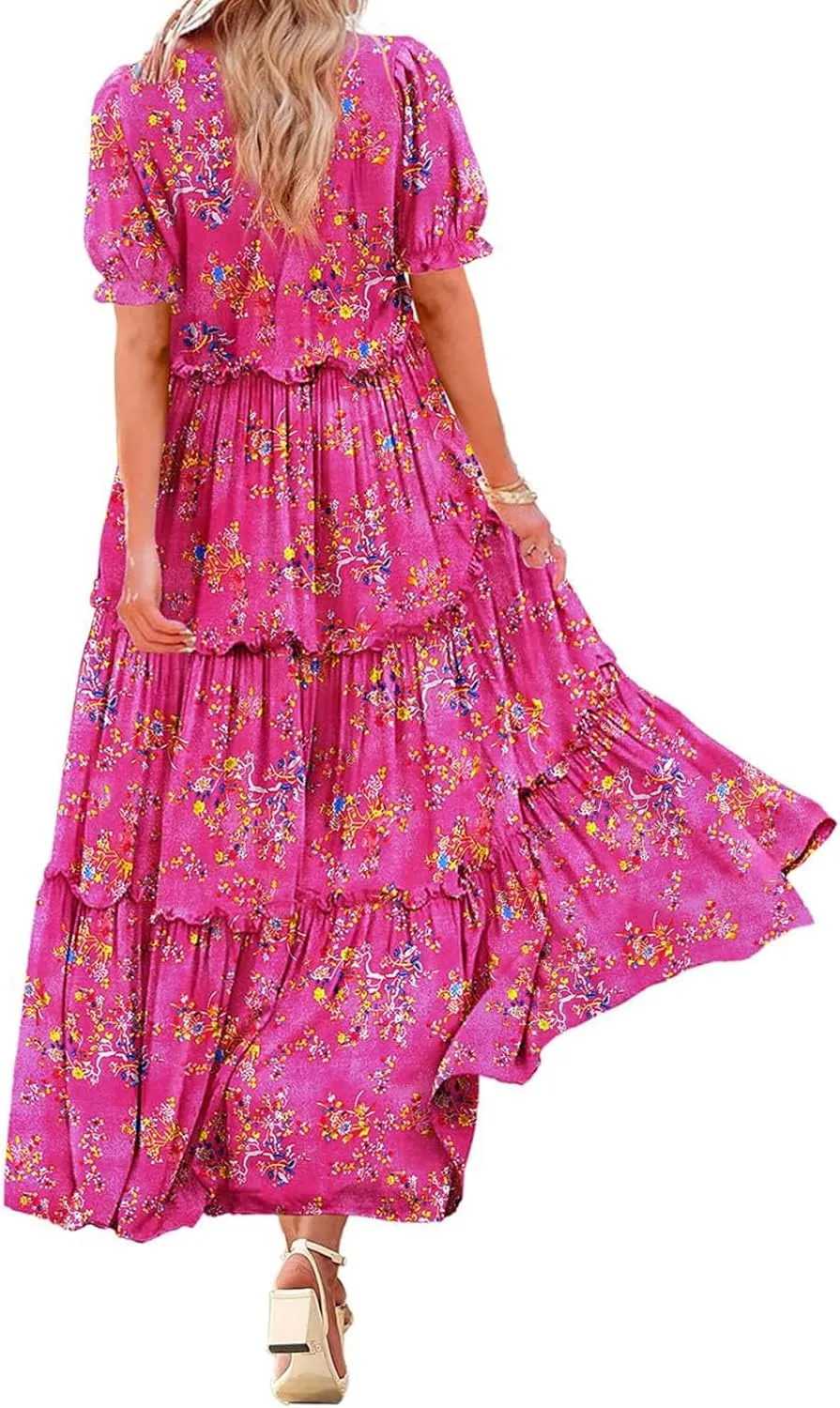 Womens Summer Floral Maxi Dress Casual Short Sleeve Flowy Boho Round Neck Flutter Flowy Dresses 2025