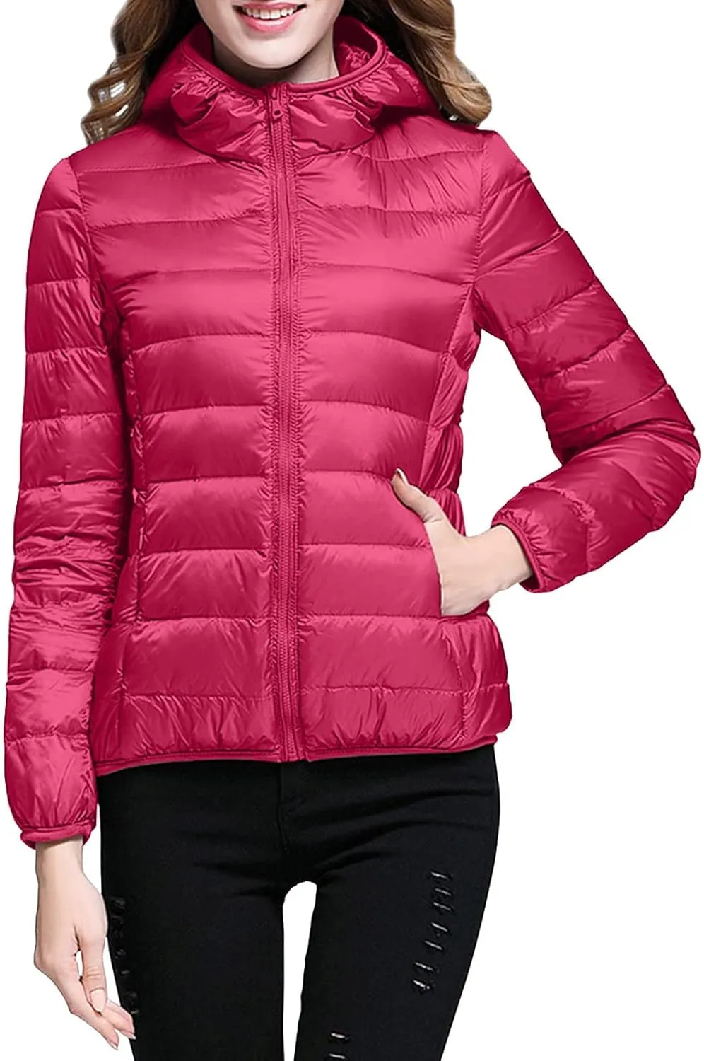 XUETON Womens Zip Up Lightweight Packable Down Puffer Jacket Autumn Winter Warm Hooded Windproof Water-Resistant Short Down Jacket Outerwear(Hot Pink,XX-Large)