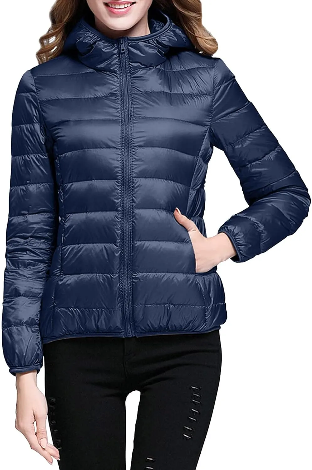 XUETON Womens Zip Up Lightweight Packable Down Puffer Jacket Autumn Winter Warm Hooded Windproof Water-Resistant Short Down Jacket Outerwear(Navy,Medium)