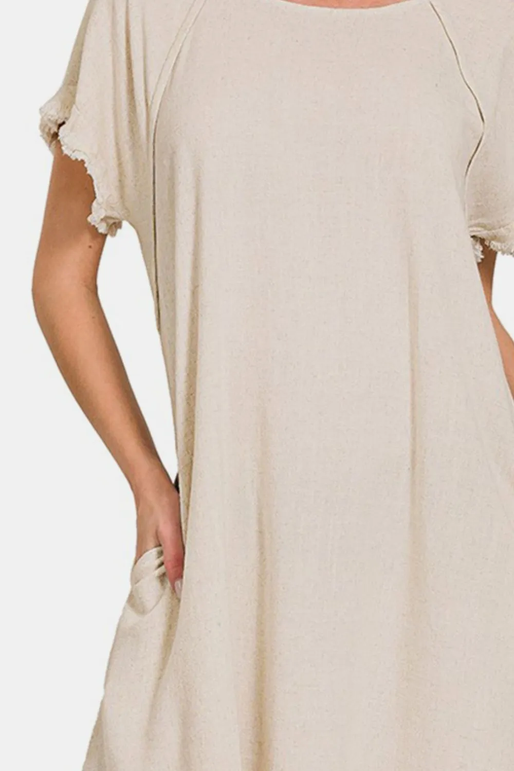 Zenana Beige Fringe Edge High Low Flowy Dress with Pockets