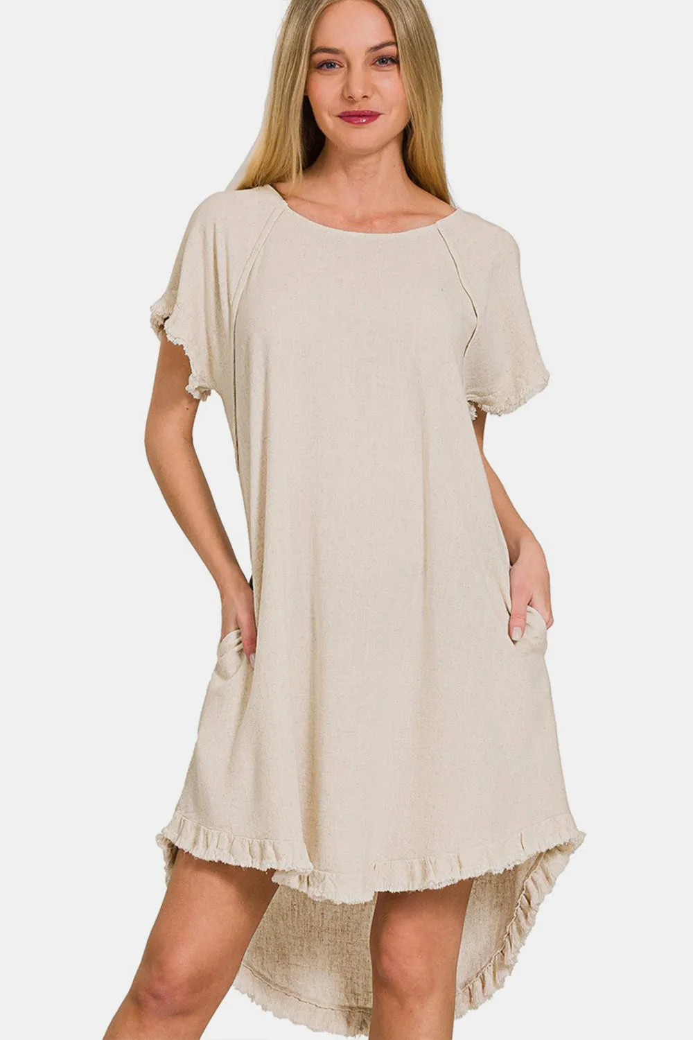 Zenana Beige Fringe Edge High Low Flowy Dress with Pockets