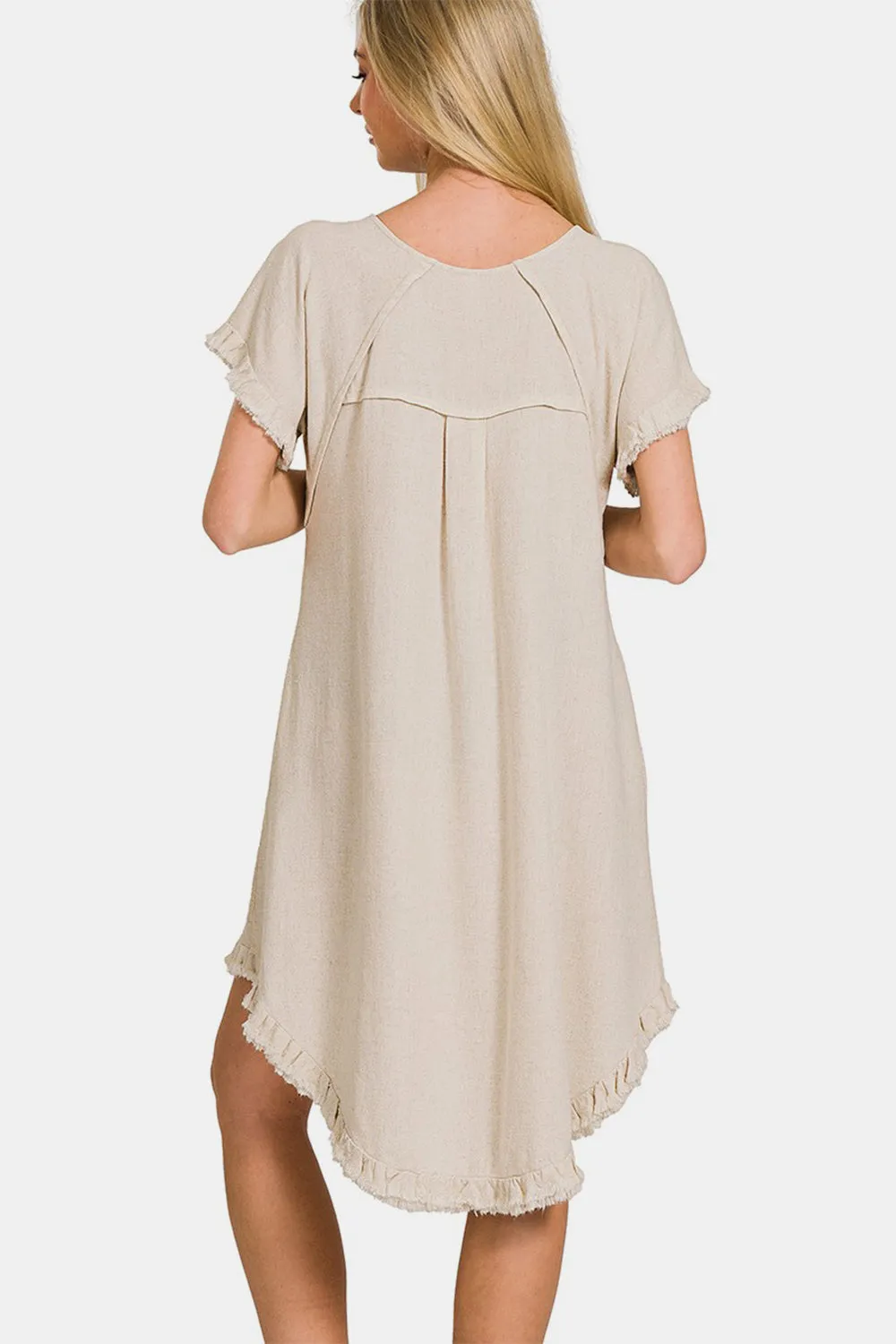Zenana Beige Fringe Edge High Low Flowy Dress with Pockets