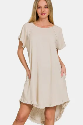 Zenana Beige Fringe Edge High Low Flowy Dress with Pockets
